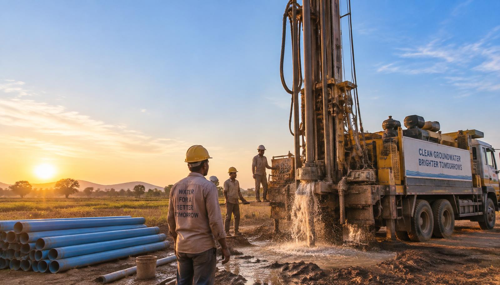 Borewell drilling rig at work on a field in India